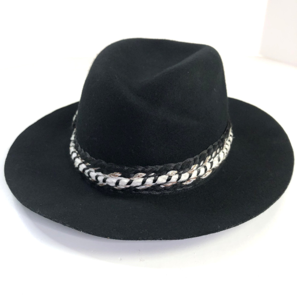 Bits and Pieces To Go Wool Felt Fedora Rope Braided Short Brim Hat Black HRJ